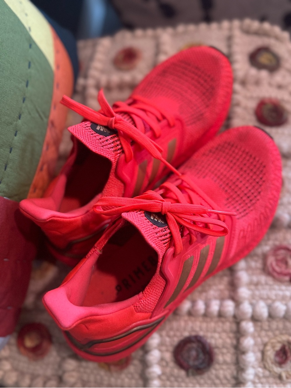 Adidas Women’s Ultra Boost Neon Red Knit Comfort Running Sneakers Gold Stripes - Picture 3 of 10
